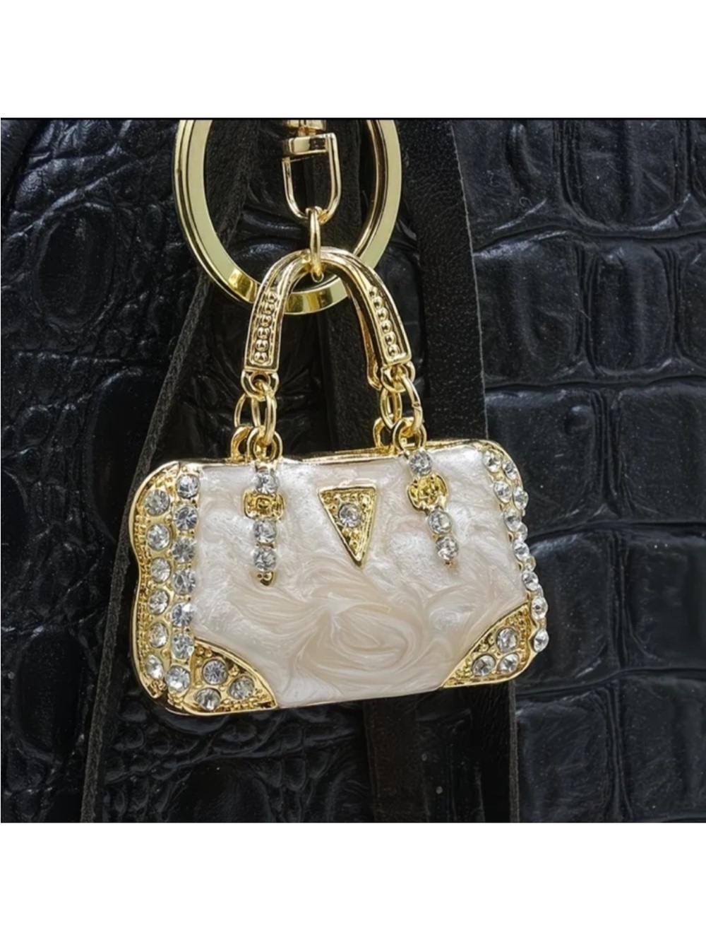 Crystal-Embellished White Pearl Mini Purse Keychain